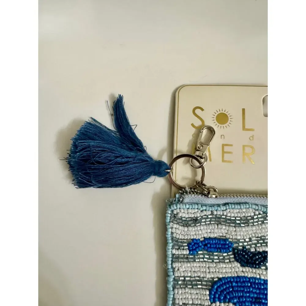 Sol & Mer Beaded Whale Coin Purse Mini Zipper Pouch Tassel Bag Charm NWT